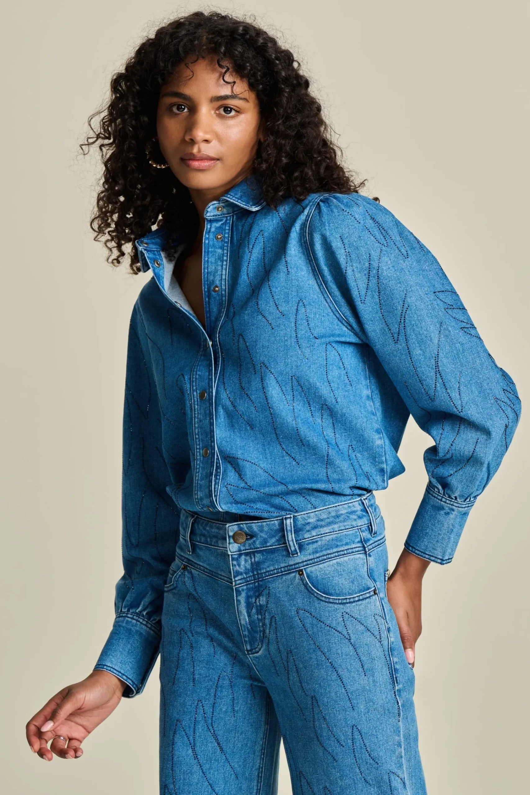 Co-Ords|Blouses>POM Amsterdam BLOUSE Denim Rhinestones