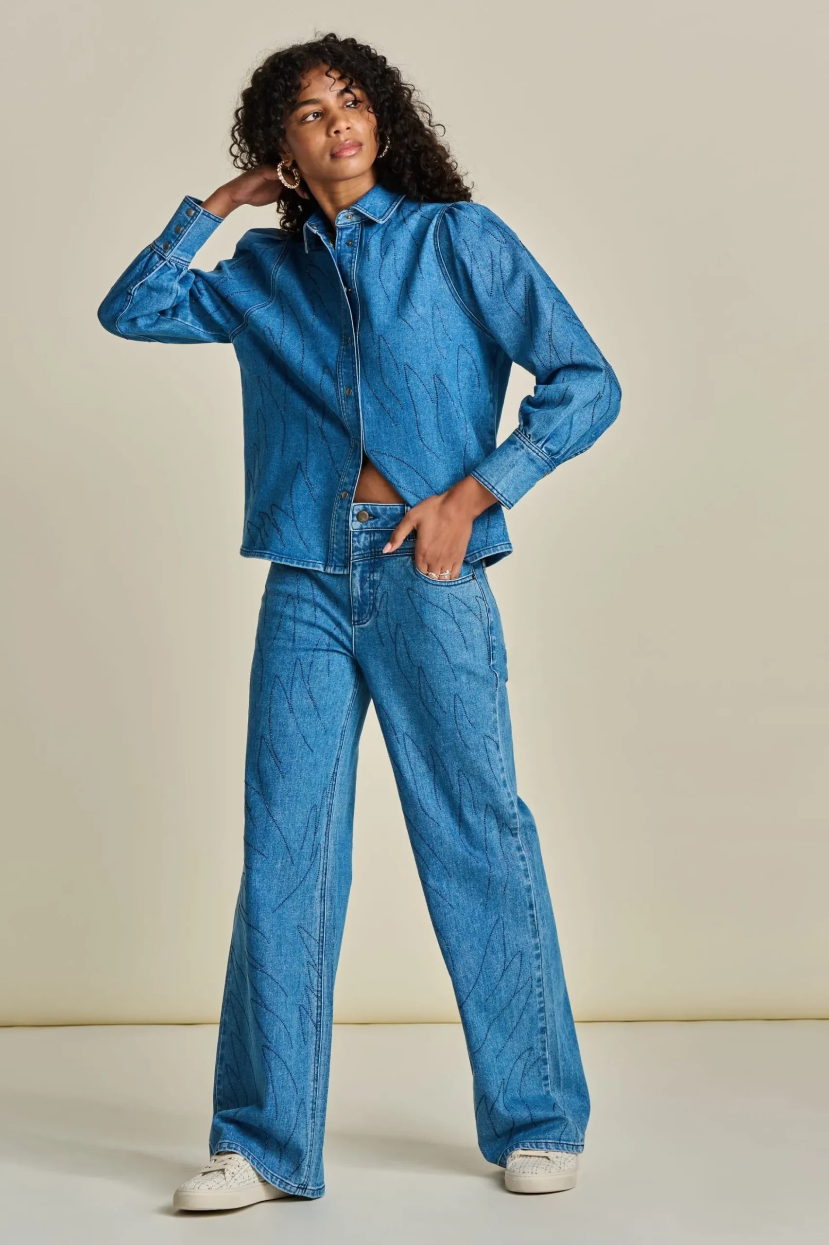 Co-Ords|Blouses>POM Amsterdam BLOUSE Denim Rhinestones