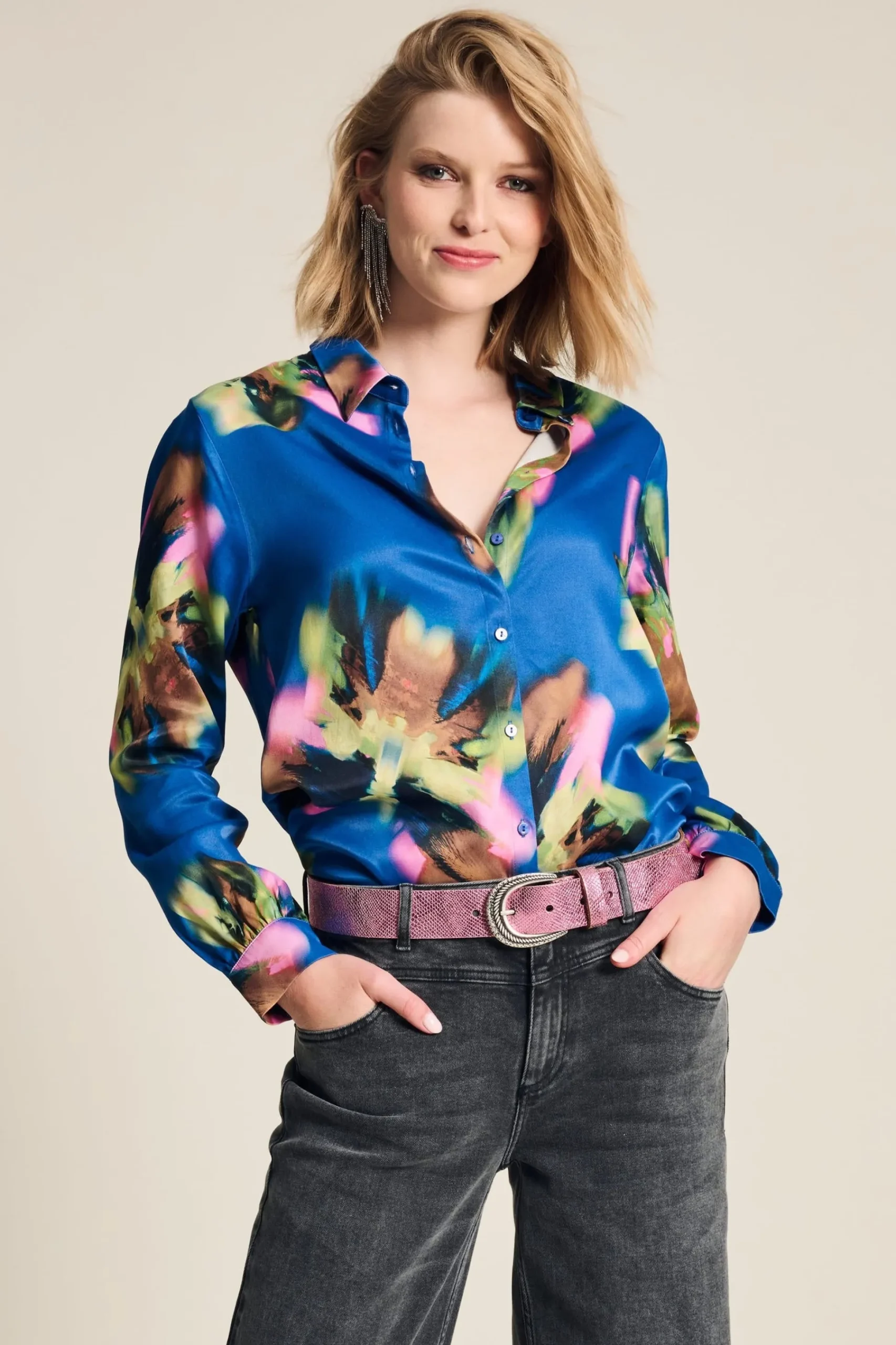 Blouses>POM Amsterdam BLOUSE Mila Satin Butterfly Blue