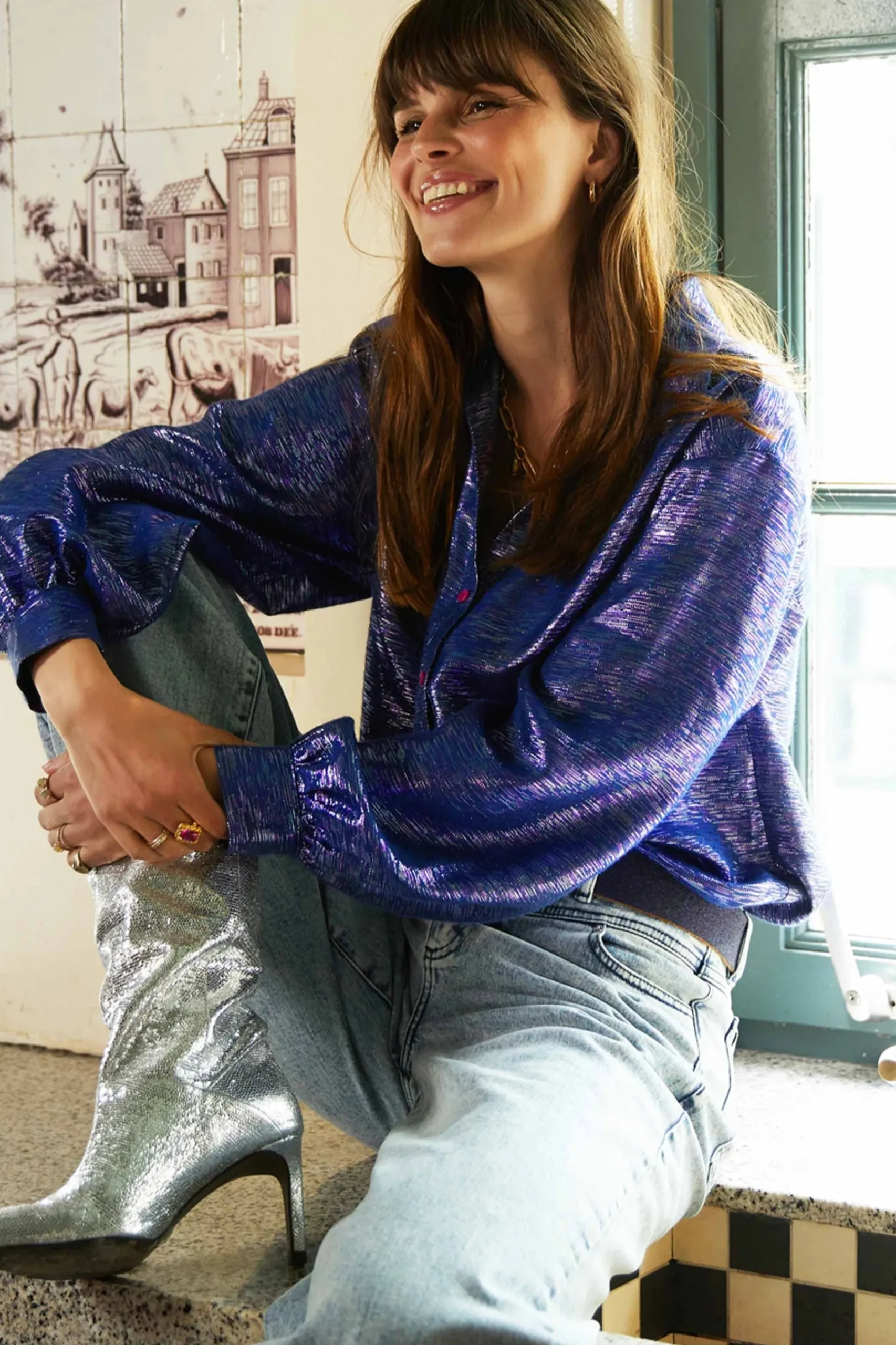 Blouses>POM Amsterdam BLOUSE Violet Festive Blue