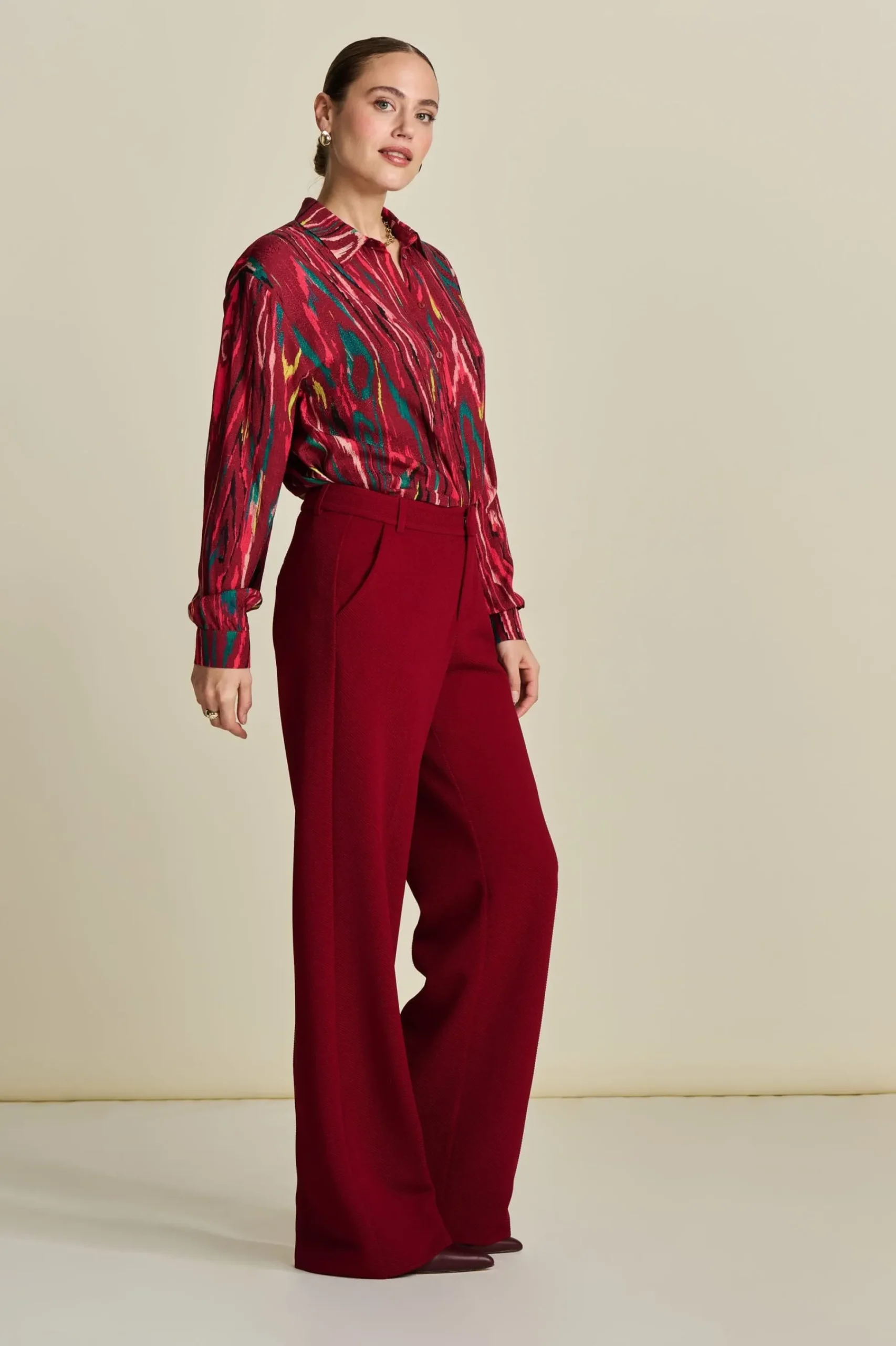 Co-Ords|Suits>POM Amsterdam BROEK Wide Leg Burgundy Red