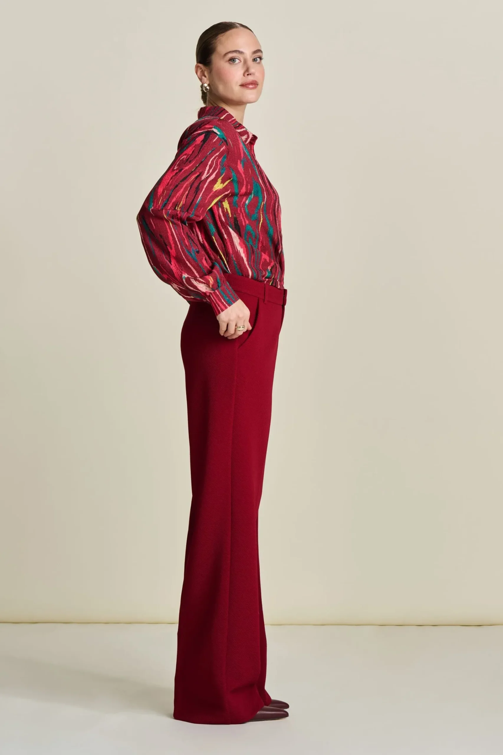 Co-Ords|Suits>POM Amsterdam BROEK Wide Leg Burgundy Red