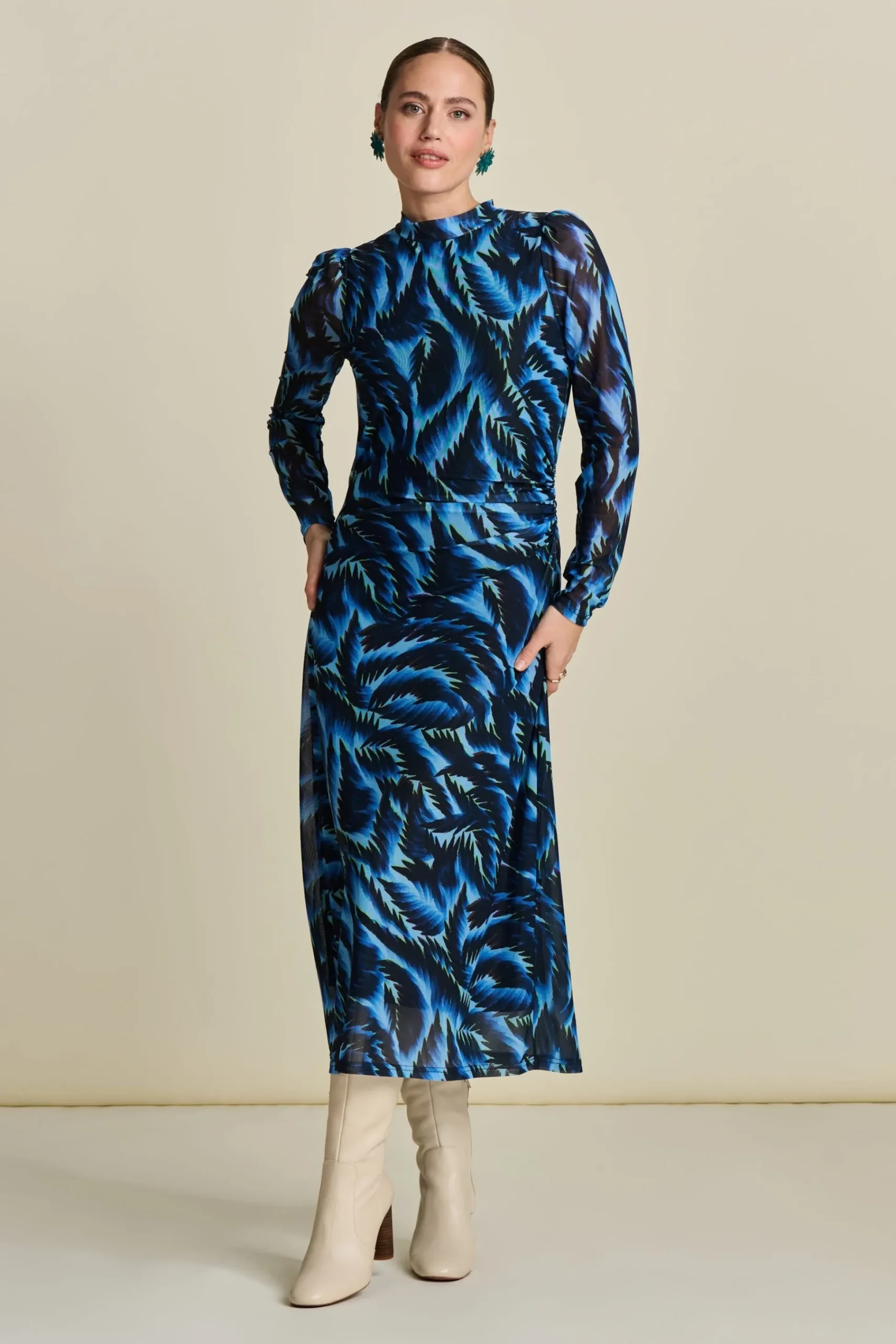 Jurken>POM Amsterdam JURK Mesh Feathers Blue