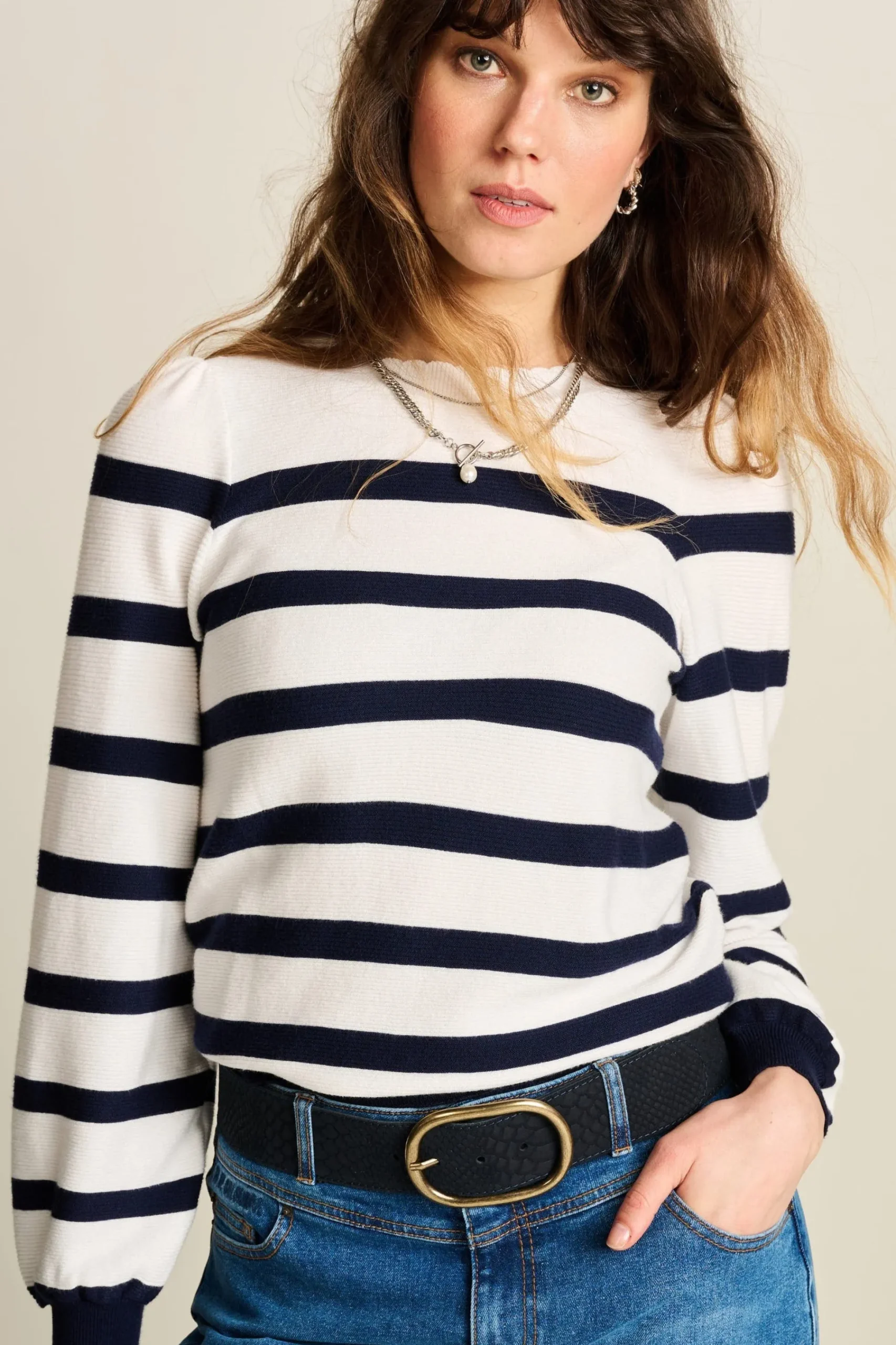 Truien & Vesten>POM Amsterdam TRUI Lucy Dark Navy Striped Dark navy